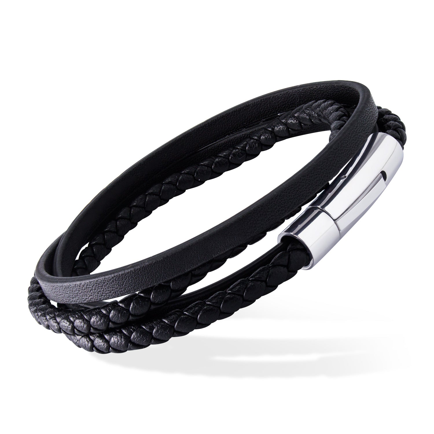 Men's Black Leather and Steel Braided Bracelet