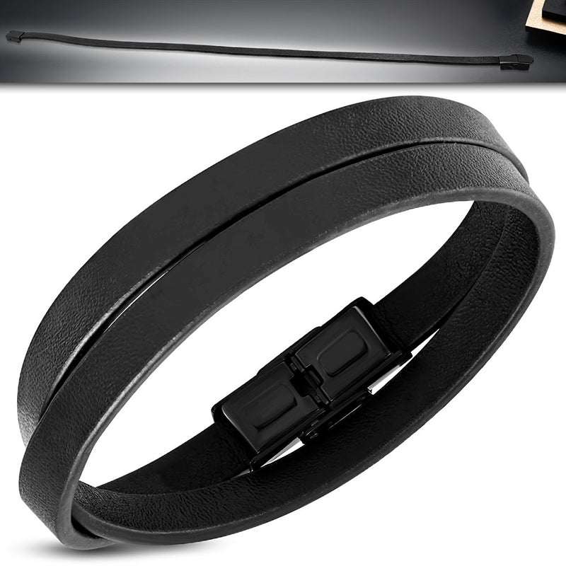 LA発!MONSIEUR ブレスレット【MOND MONDO】送料無料! Steel Black Leather Cord Wrap Punk Rock Wristband Bracelet